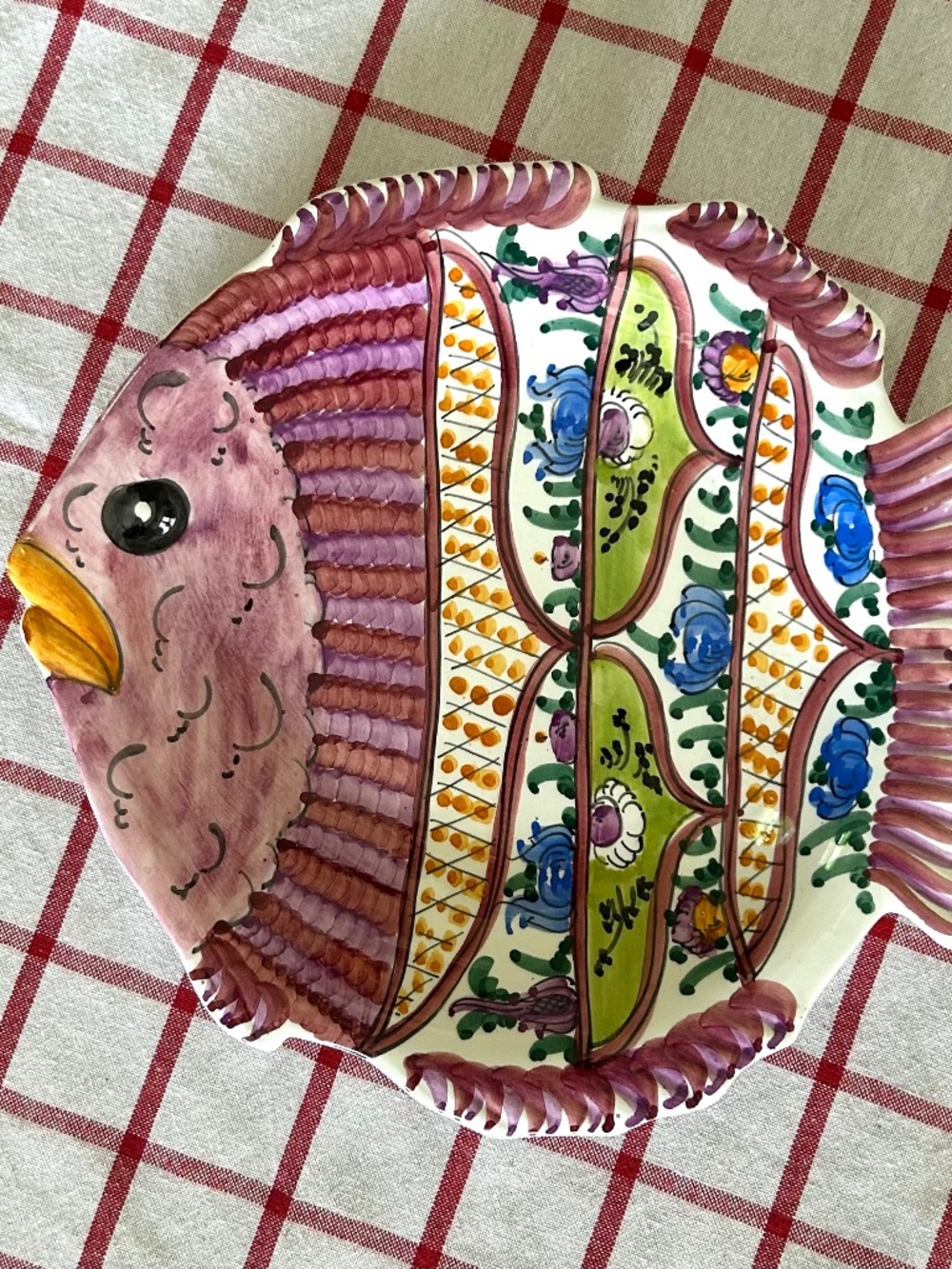 Vibrant Hand-Painted Fish-Shaped Ceramic Plate – Signed